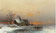 unknow artist Winter picture with cabin at a river USA oil painting artist